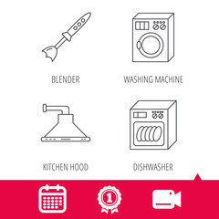 Achievement and video cam signs. Dishwasher, washing machine and blender icons. Kitchen hood linear sign. Calendar icon. Vector