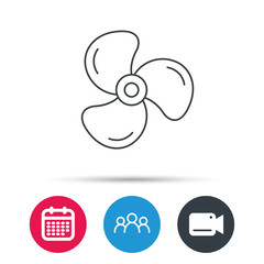 Ventilation icon. Fan or propeller sign. Group of people, video cam and calendar icons. Vector