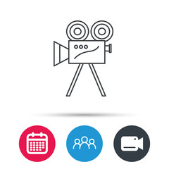 Video camera with reel icon. Retro cinema sign. Group of people, video cam and calendar icons. Vector