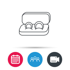 Wedding rings icon. Jewelry sign. Marriage symbol. Group of people, video cam and calendar icons. Vector