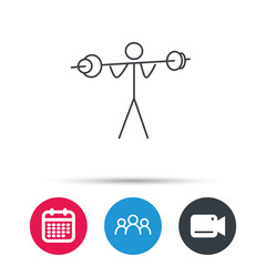 Weightlifting icon. Heavy fitness sign. Muscular workout symbol. Group of people, video cam and calendar icons. Vector