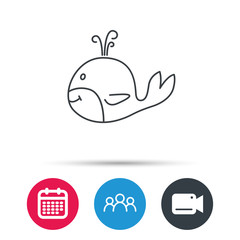 Whale icon. Largest mammal animal sign. Baleen whale with fountain symbol. Group of people, video cam and calendar icons. Vector
