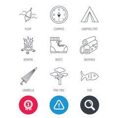 Achievement and search magnifier signs. Pine tree, fishing float and hiking boots icons. Compass, umbrella and bonfire linear signs. Camping tent, fish and backpack icons. Hazard attention icon
