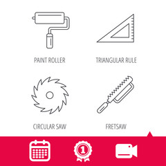 Achievement and video cam signs. Triangular rule, paint roller and fretsaw icons. Circular saw linear sign. Calendar icon. Vector