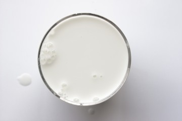 top view of glass milk / Glass of Milk From Above / gray tone