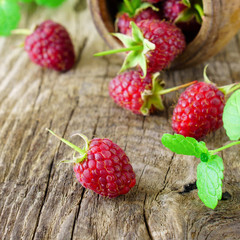 Red fresh raspberries on rough rustic wooden background. Cup with natural ripe organic berries with peduncles and raw green mint on table. Square, close up.