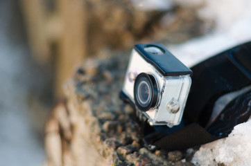 Detail shot with action camera mounted on the edge of the abyss.