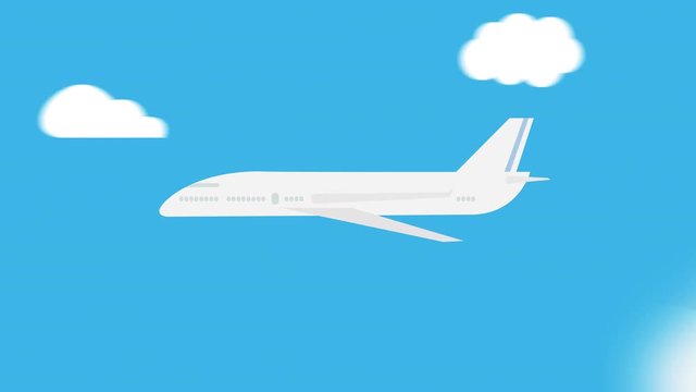 Cartoon Air-Plane flying above the clouds you can easy to put your logo on the airplane, airplane flying over blue sky with space for your logo or text, seamless loop full hd and 4k.