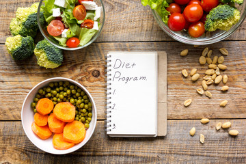concept diet, slimming plan with vegetables top view mock up