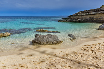 Panoramic view of Kamina beach in Kefalonia, Ionian Islands, Greece