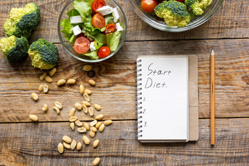concept diet, slimming plan with vegetables top view mock up