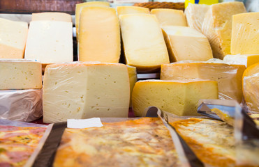 Cheese assortment on market