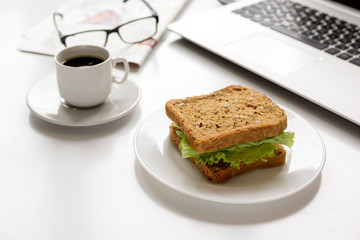 concept of lunch in officeat work top view