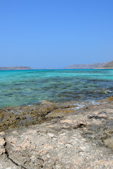 Amazing view of Balos lagoon. Ship on the horizon. Crete
