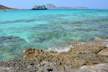 Amazing view of Balos lagoon. Ship on the horizon. Crete