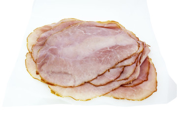 Pile of sliced ham. Isolated.
