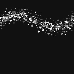 White hearts confetti. Top wave on black valentine background. Vector illustration.