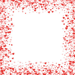 Red hearts confetti. Chaotic border on white valentine background. Vector illustration.