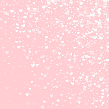 White hearts confetti. Random gradient scatter on pale_pink valentine background. Vector illustration.