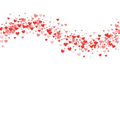 Red hearts confetti. Top wave on white valentine background. Vector illustration.