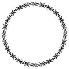 Round black and white frame with abstract decorative flowers. Copy space.