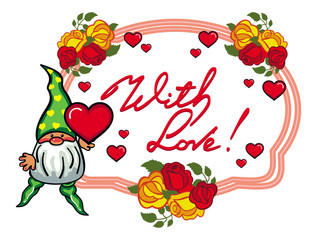 Oval label with roses, cute gnome holding heart . Vector clip art.