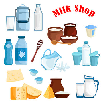 Milk shop and dairy products vector isolated icons