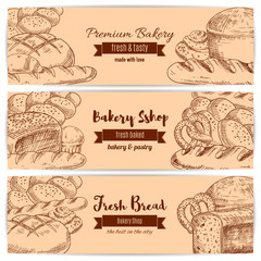 Bakery shop bread vector sketch banners set