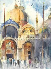 Venice watercolor painting San-Marco church temple greeting card - 134542599