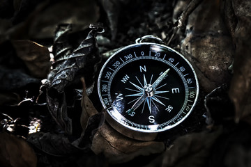 Magnetic compass lying on the ground, covered with fallen dry leaves in the jungle, In dark tone.
