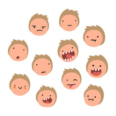 Boy emotions. Cartoon faces. Vector hand drawn illustration.