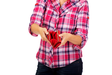 Woman holding red empty wallet