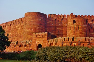 The red brick Agra Fort near the Taj Mahal in Agra, India