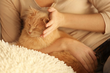 Close up view of young woman with her cat at home