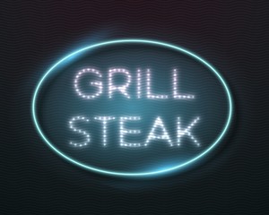 Illustration of Realistic Vector Neon Sign Icon. Vintage Glowing Neon Frame. Grill Steak Bar Neon Sign