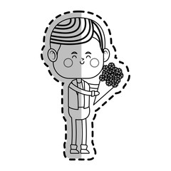 kawaii boy with flowers bouquet over white background. vector illustration