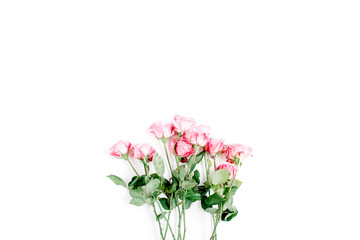 Naklejka na ściany i meble Pink roses bouquet on white background. Flat lay, top view. Valentine's background.
