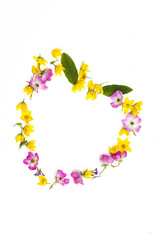 Yellow and pink flowers in the shape of the heart on white background