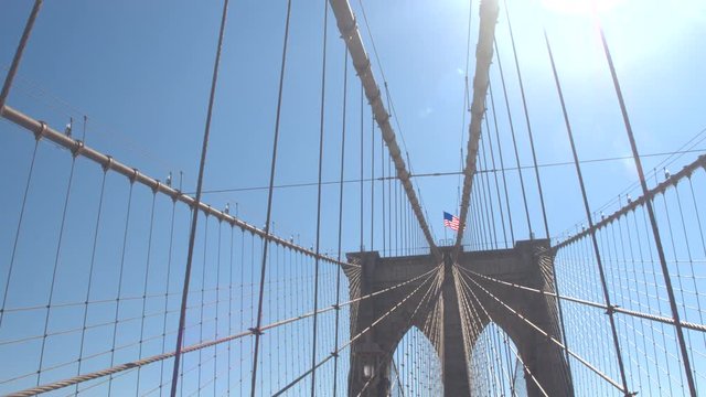 CLOSE UP: Detail of wires and structure of stunning Brooklyn suspension bridge