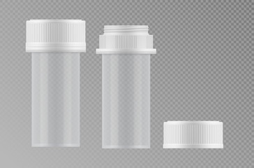 Empty plastic or glass transparent medical jar with cap. Container with clean surface. Blank template of packaging. Realistic 3d mock-up of package. Vector illustrations of medicine pack