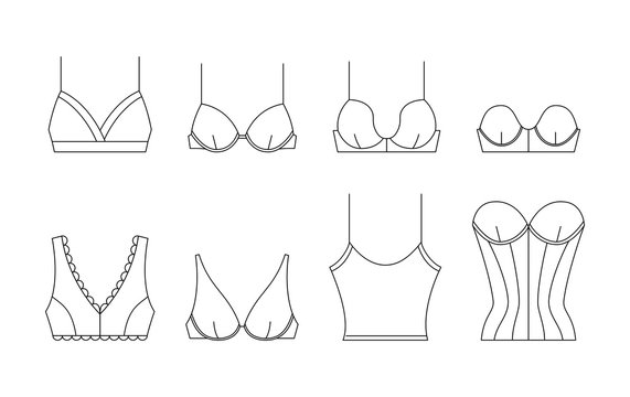 Fashion female underwear icons. Beautiful feminine lacy bra. Sexy lingerie with lace for lady, different types of brassiere. Vector illustrations in thin line style.