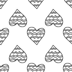 Black and white seamless pattern with decorative hearts for coloring