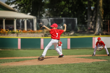 Young pitcher on the mound in a youth baseball game © soupstock