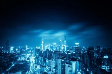 Crédence de cuisine en verre imprimé Shanghai shanghai at night with blue tone