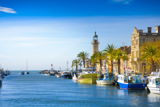 Grau du Roi city and harbor during a sunny day in France