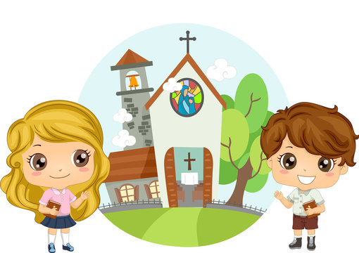 kids church scene with church and bible clip art preview