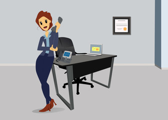 Empleados, mujer atendiendo una junta por tel&eacute;fono en oficina