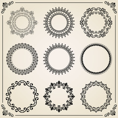 Vintage set of round elements. Different vector elements for decoration and design frames, cards, menus, backgrounds and monograms. Classic patterns. Set of vintage patterns