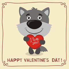 Happy Valentine's Day! I Love You! Funny wolf with heart in hands. Valentines day card with wolf in cartoon style.