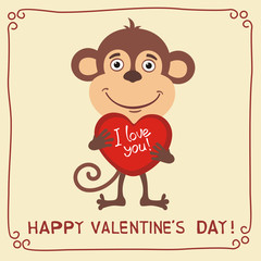 Happy Valentine's Day! I Love You! Funny monkey with heart in hands. Valentines day card with monkey in cartoon style.